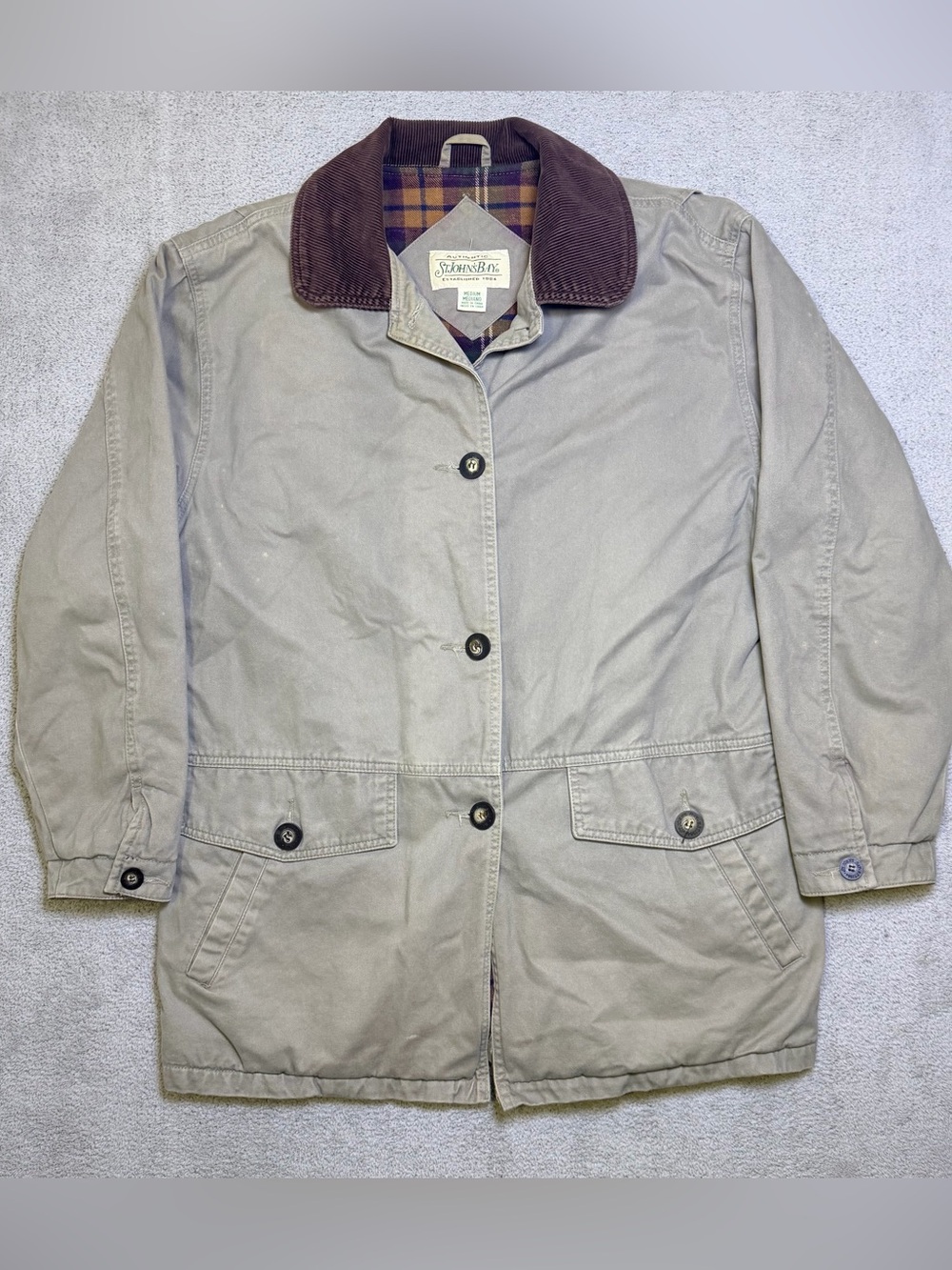 Vtg St John’s Bay Barn Coat Mens M Tan Cotton Canvas Plaid Lined Corduroy Field